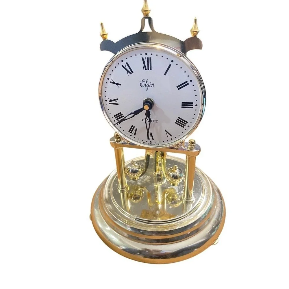 Elgin Quartz Anniversary‎ Torsion Dome Clock Gold Rotating Pendulum Roman